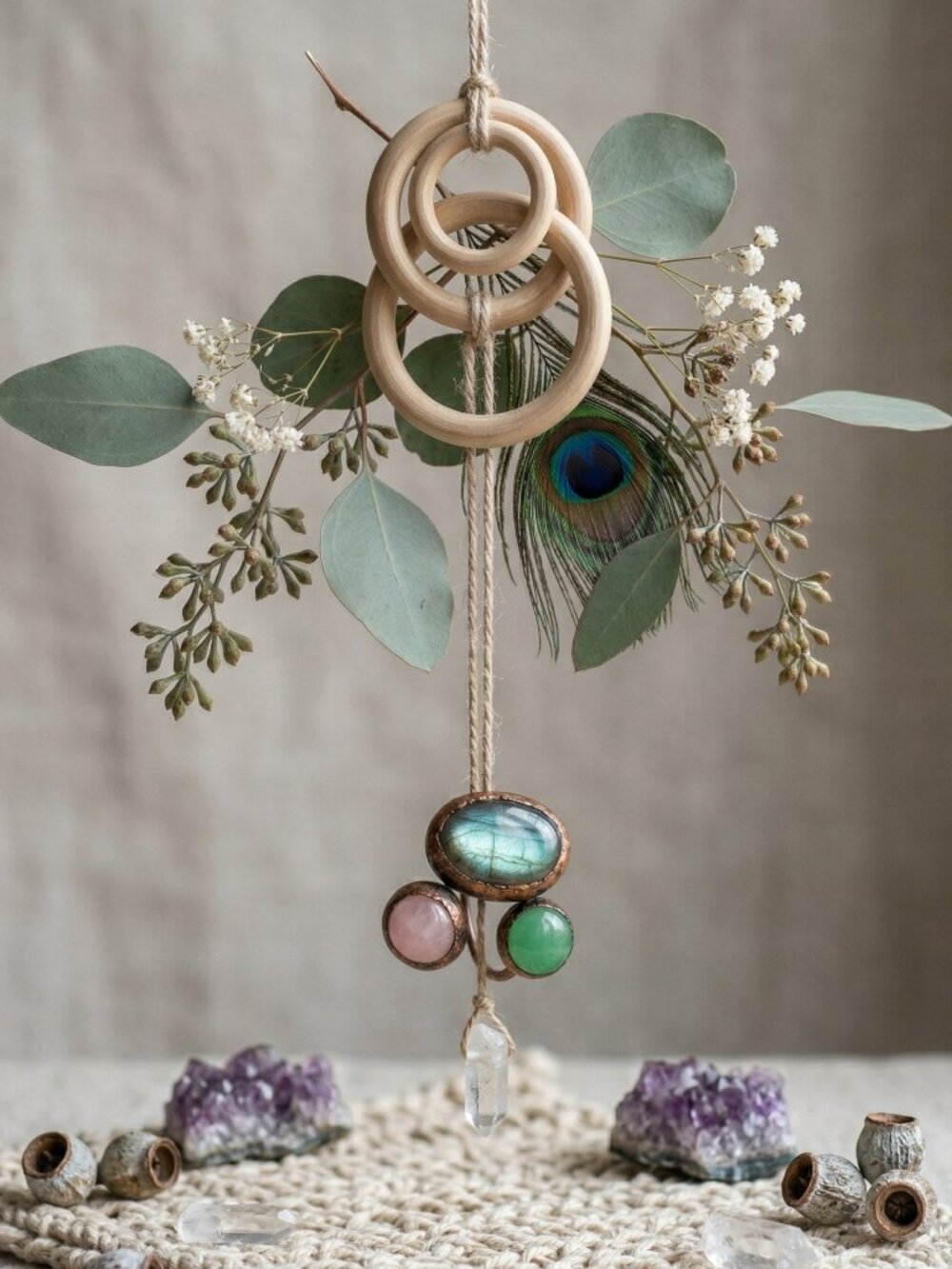 Boho Copper Ring Rose Quartz Aventurine Labradorite Adjustable Healing Crystal - Picture 12 of 15